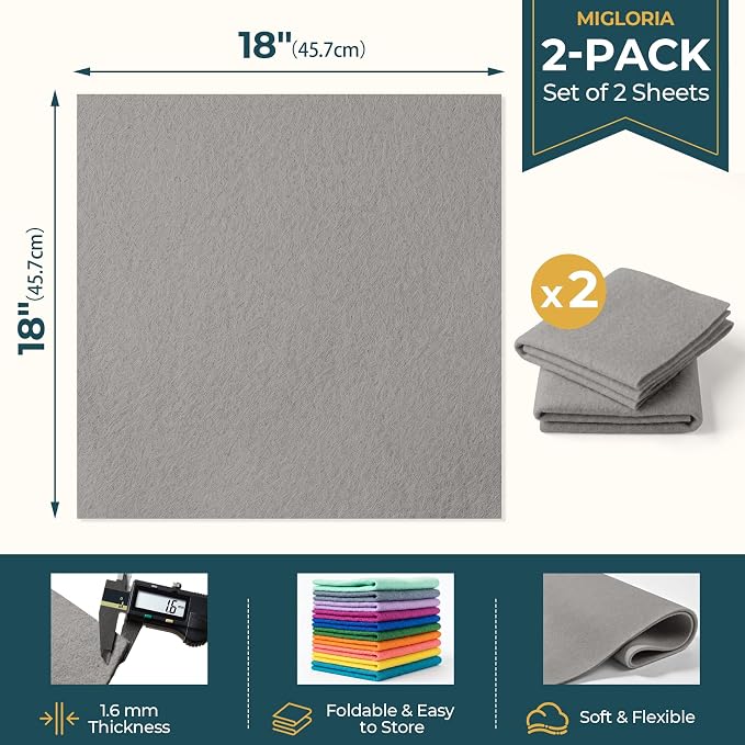 Felt Fabric Sheet 18 x 18 Inch, 1.6mm Thick | Soft and Flexible Nonwoven