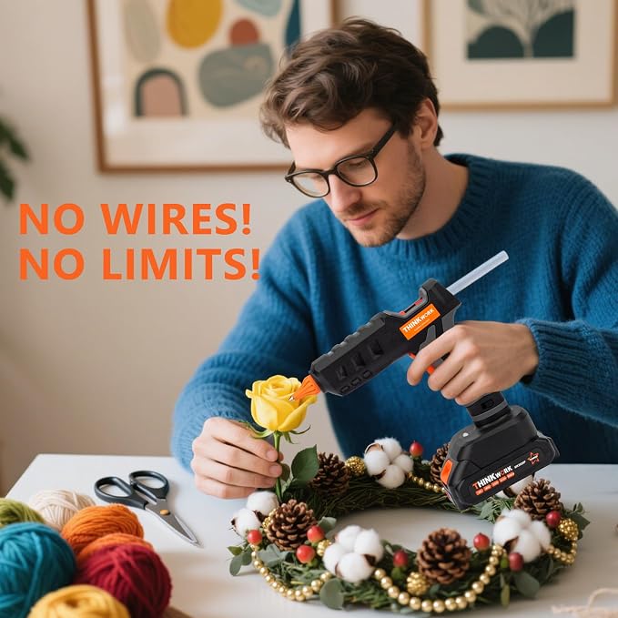 THINKWORK 20V Cordless Hot Glue Gun and Sticks Set, Rechargeable Glue Gun