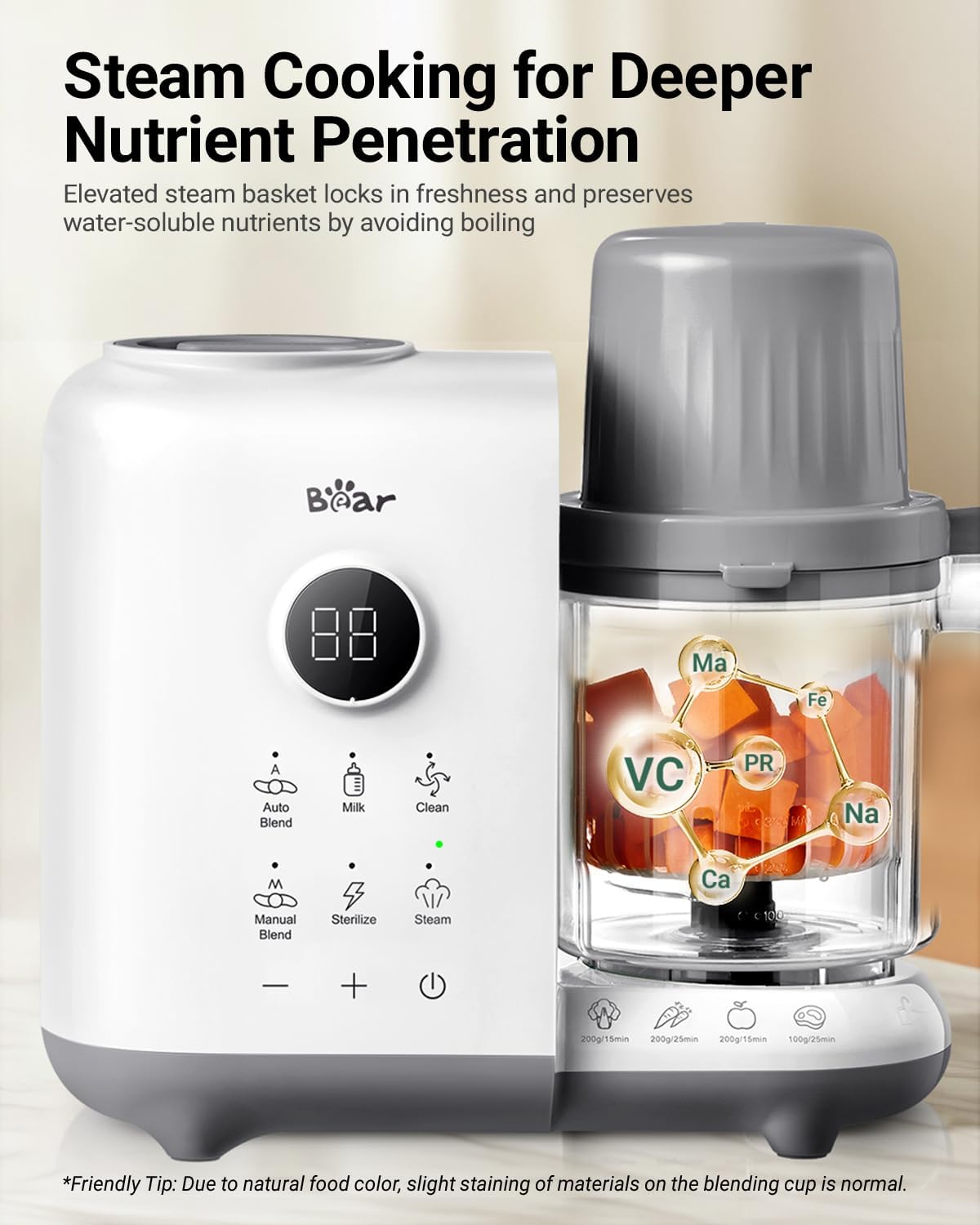 Bear Baby Food Maker with Two Layer Steam Baskets, One Step Baby Food Processor Steamer Puree Blender, Baby Food Mill with Bottle Warming Sterili-zing Auto Cleaning Function, BPA-Free, White