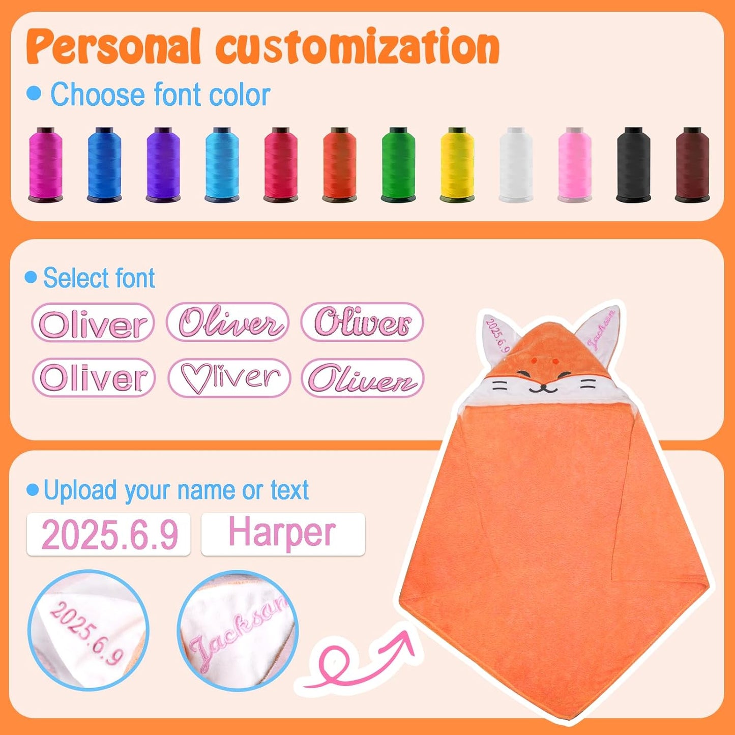 Custom Hooded Bath Towel with Name, Personalized Highly Absorbent Bunny Towels, Baby Bath Towels for Girls Boys, Brithday for Baby, Toddler, Newborn (Orange-Fox)