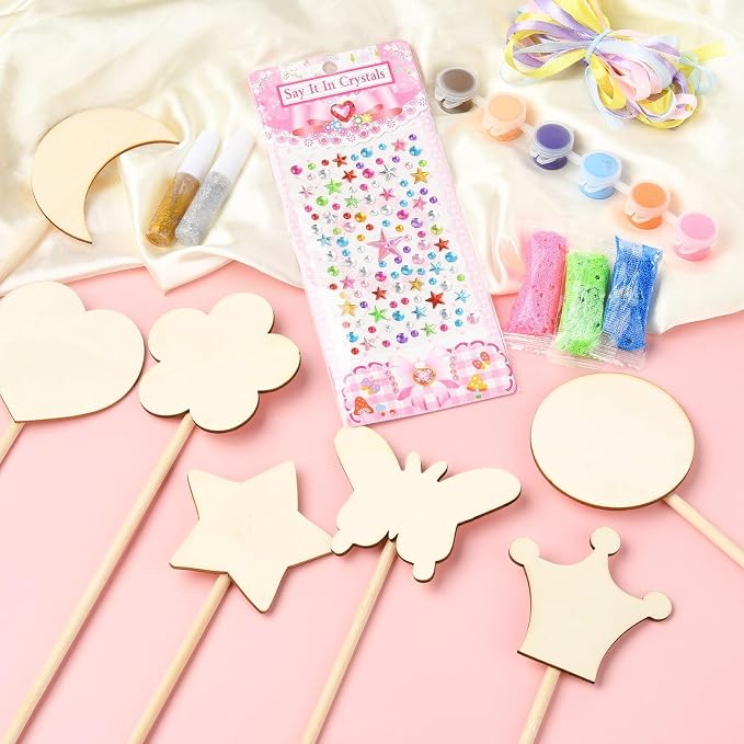14 pcs Princess Wand Theme Undyed Wooden Cutouts Flower Crown Butterfly Star