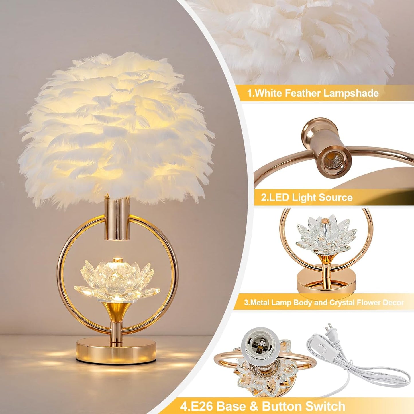 ZYLEIESENBAO Chic White Feather Lamp 17IN Modern Crystal Fluffy Table Lamp Cute Romantic Bedside Nightstand Light Nordic Furry Desk Lamp for Girl Bedroom Living Room Entry Office Hotel Party Wedding
