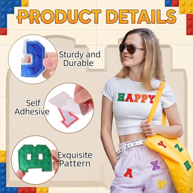 WILLBOND 52 Pcs Building Blocks Board Alphabet Patches 2.8 Inch Self Adhesive