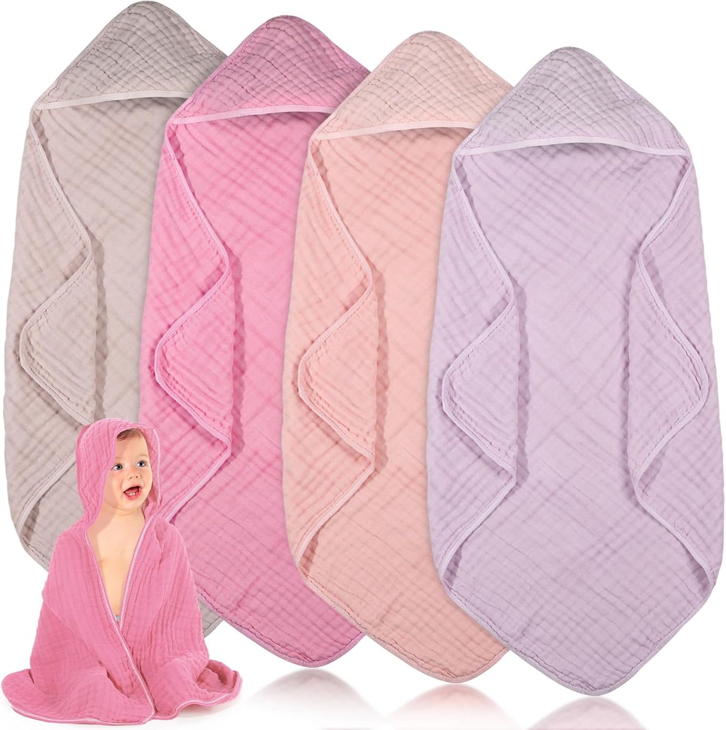 Peryiter 4 Pcs Muslin Hooded Baby Towels, 32"x 32" Cotton Newborn Bath Towel Muslin Infant Baby Blankets Absorbent Unisex Christmas Registry Gift Essentials for Girls Boys (Pink Series)