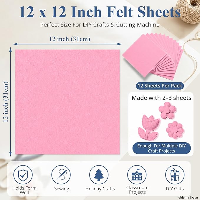12" x 12" Felt Sheets for Crafts, 2mm Stiff Felt Fabric, Light Pink