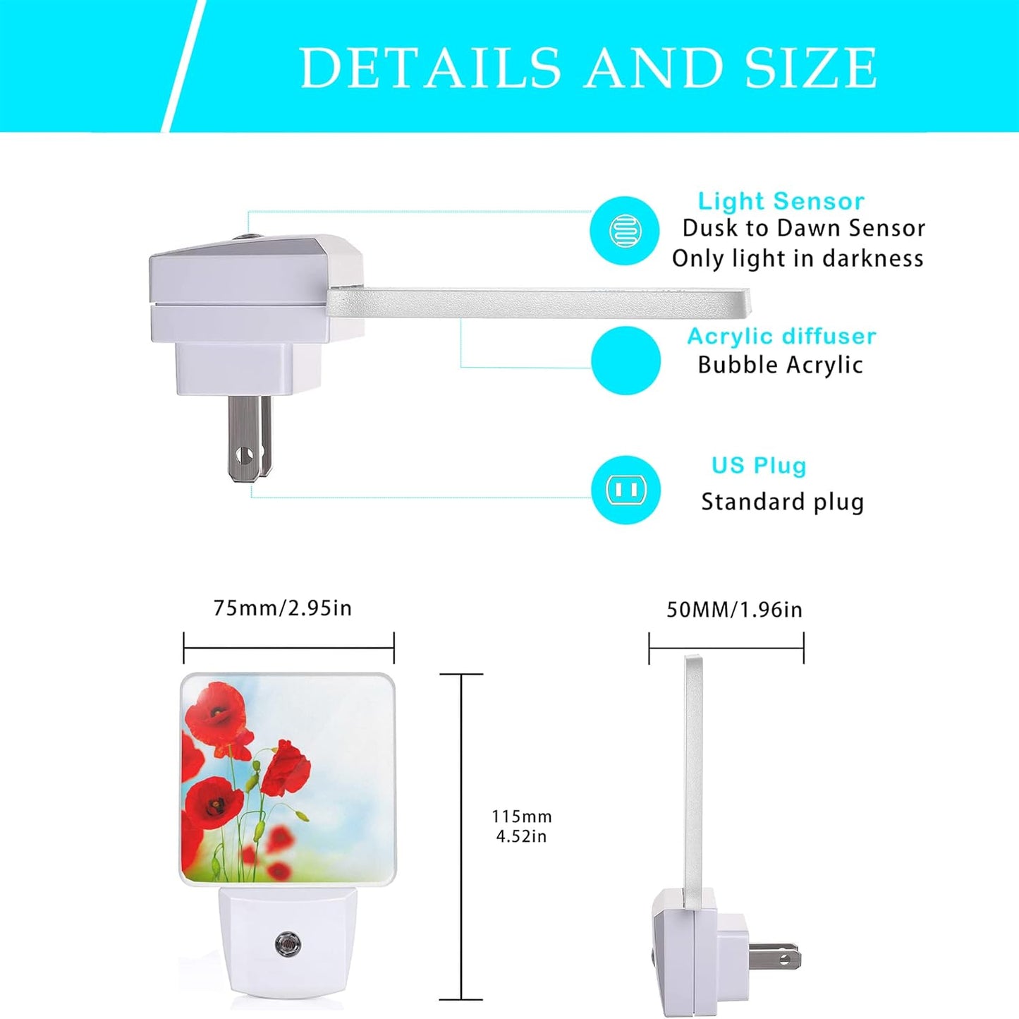 Red Poppy Flower Night Light,Plug into Wall Night Lights 0.5W Sleep Friendly for Boys Girls Led Night Light Dusk to Dawn Sensor Nightlight for Stairway/Hallway/Kitchen