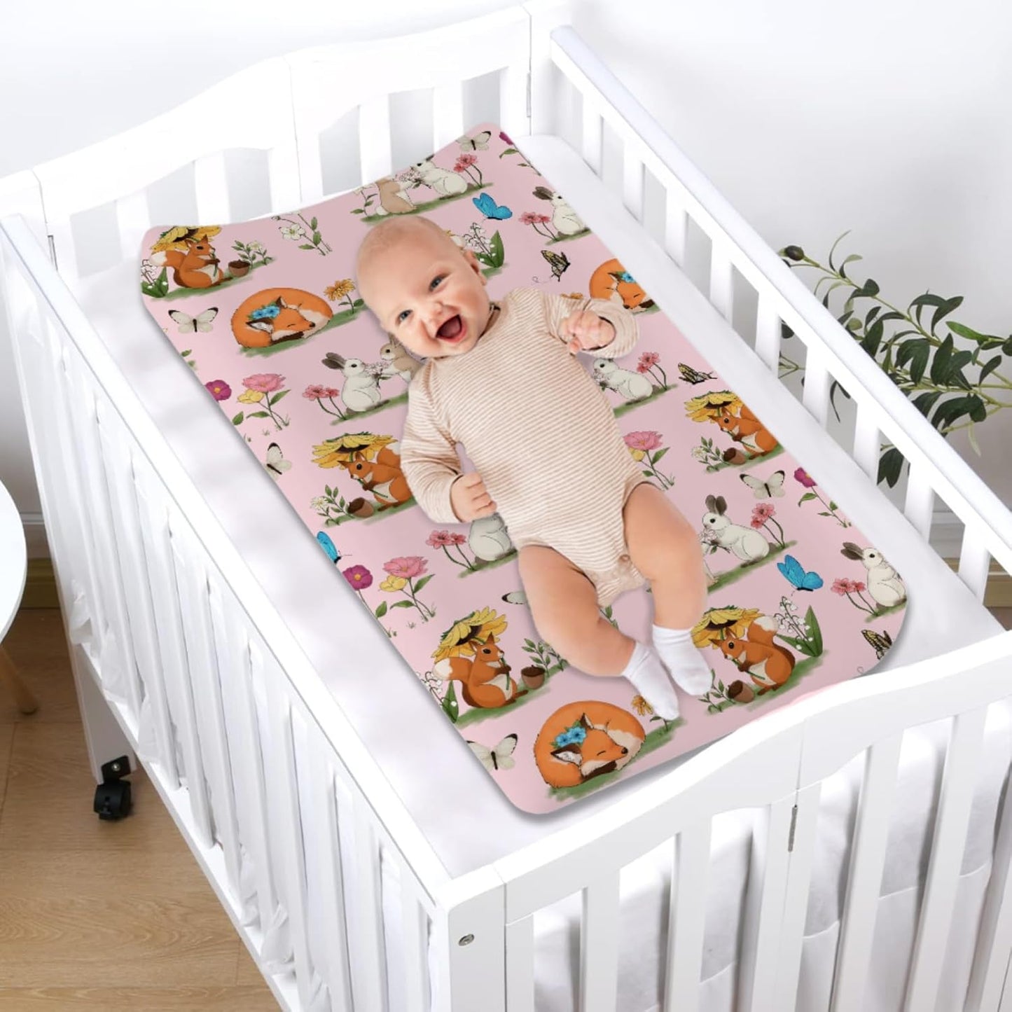 Cute Animals Spring Flowers Baby Changing Pad Covers Boy Girl 32''x16'' Bunny Fox Squirrel Butterflies Floral Fitted Diaper Change Table Mats Forest Soft Breathable Nursery Changing Table Sheets Pink