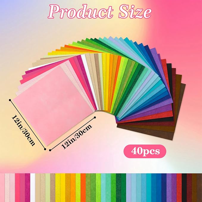 40 Pcs Felt Fabric Sheets 12 x 12 Inches Assorted Colors Felt Sheets