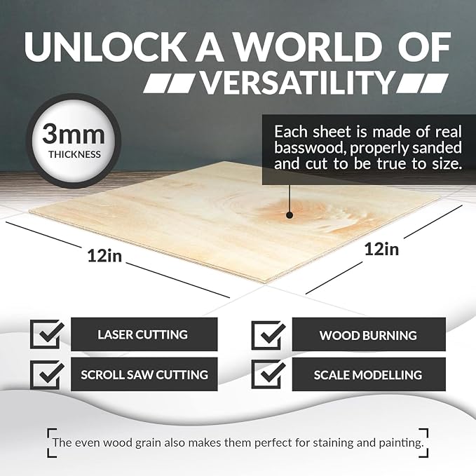 Basswood Sheets for Crafts 1/8 inch, 3mm Plywood Sheets for Laser Cutting
