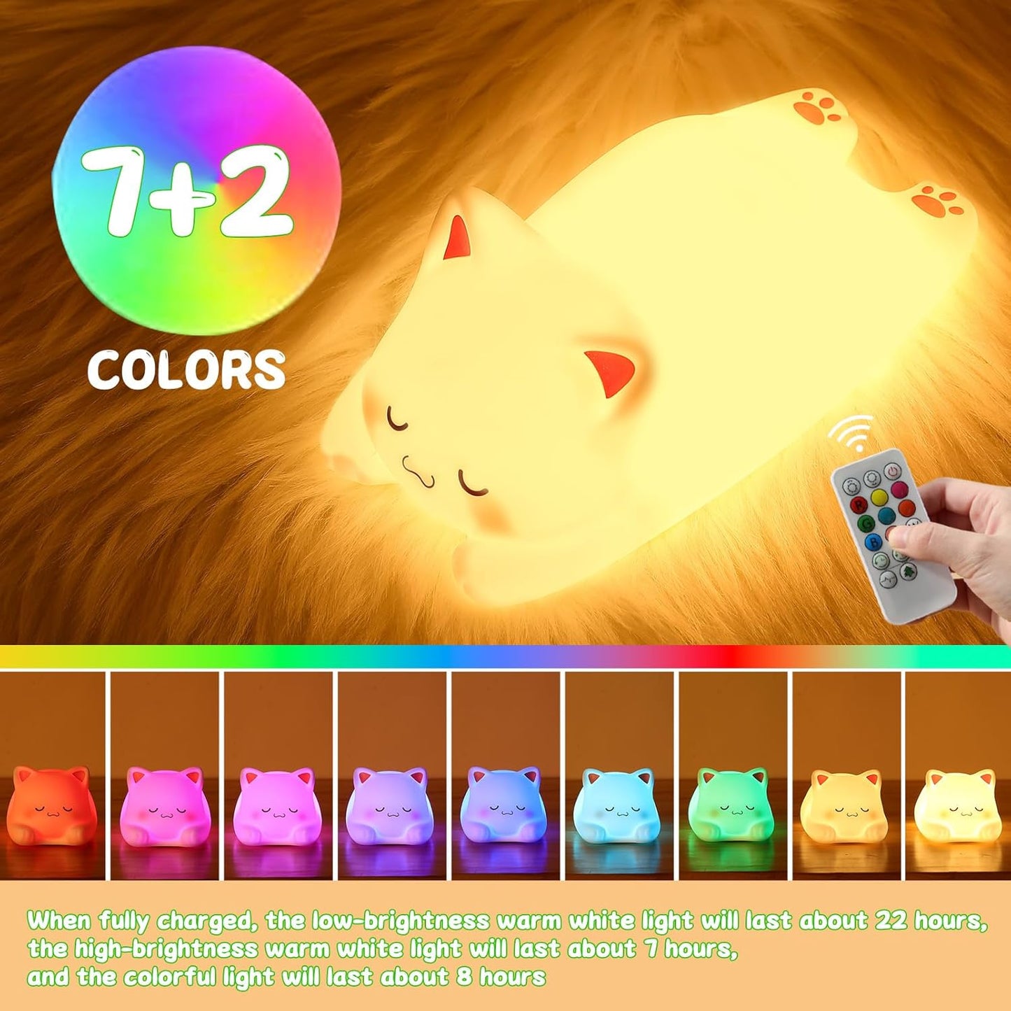 Tremdwoto Cat Night Light for Kids,Cute 7 Colors Baby Girl Squishy Night Lights Lamp with Timer Kitty Light Dimmable Nursery Lamp USB Charging Bedroom Deco Nightlight r，Gifts for Boys and Girls