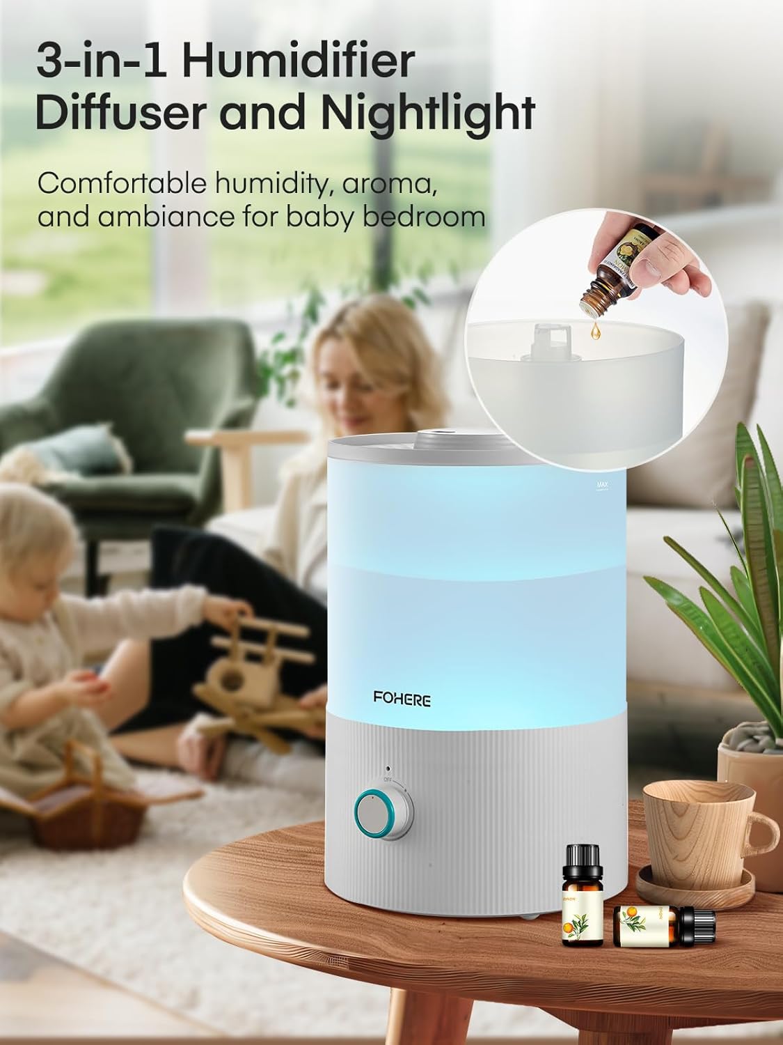 FOHERE Humidifier for Bedroom Baby, 3.2L Top Fill Cool Mist Humidifiers for Nursery, Home, 28H Ultra Quiet Runtime, Auto Shut-Off, Soft 7-Color Night Light, BPA-Free, Essential Oil Tray, White