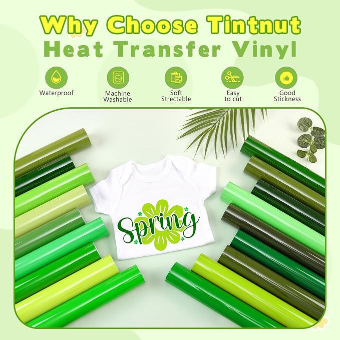 Tintnut Green Heat Transfer Vinyl, 18 Sheets 12×10in Iron on Vinyl | Vibrant