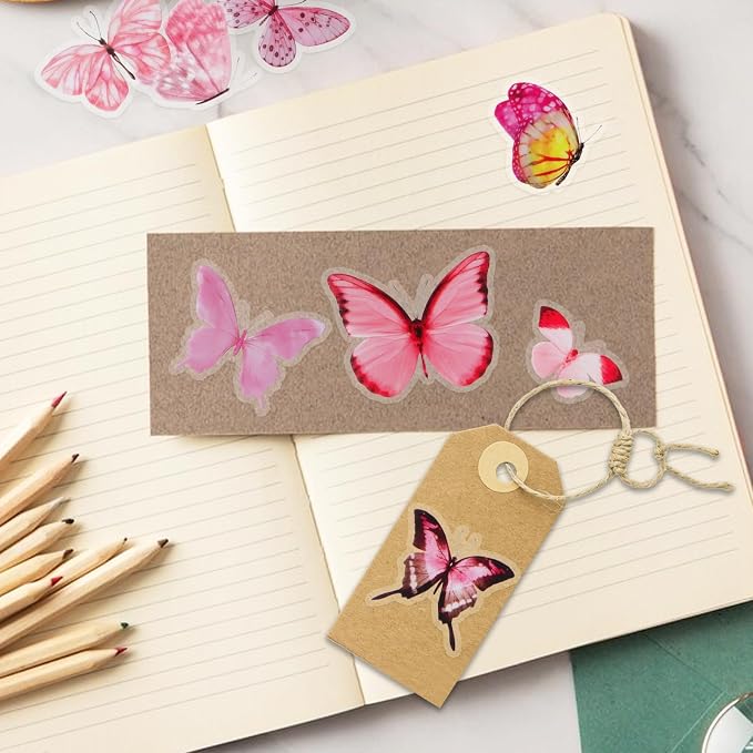 Imeepa 40Pcs Pink Butterfly Stickers Transparent Scrapbooking Stickers | PET