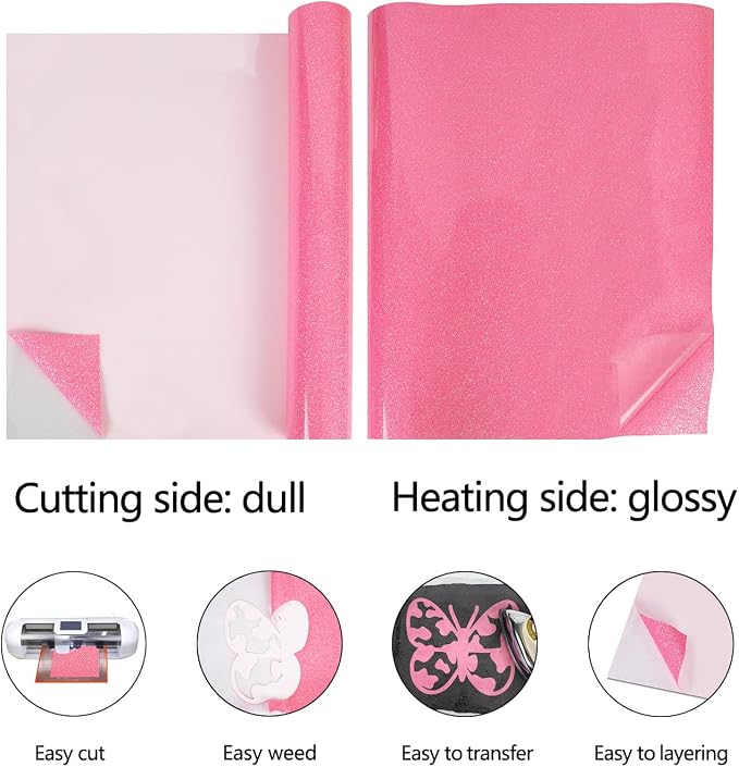 guangyintong Glow Glitter Pink Heat Transfer Vinyl HTV Rolls, HTV Vinyl