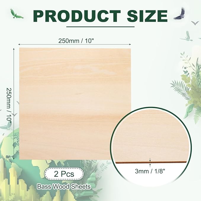 HARFINGTON 2pcs 3mm Basswood Plywood Sheets 10" x 10" x 1/8" Thin Unfinished