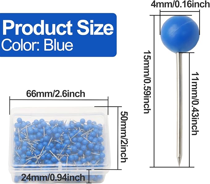 Blue Map Pins, 1/8 Inch, Round Ball Head | Map Tacks, Push Pins
