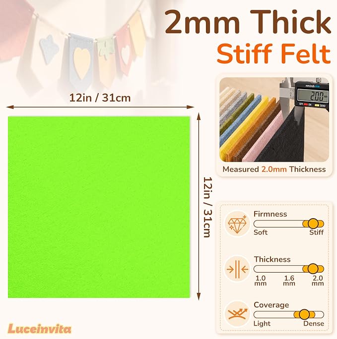 2mm Stiff Felt Sheets 12" X 12" | Thick Polyester Felt Material, DIY Craft