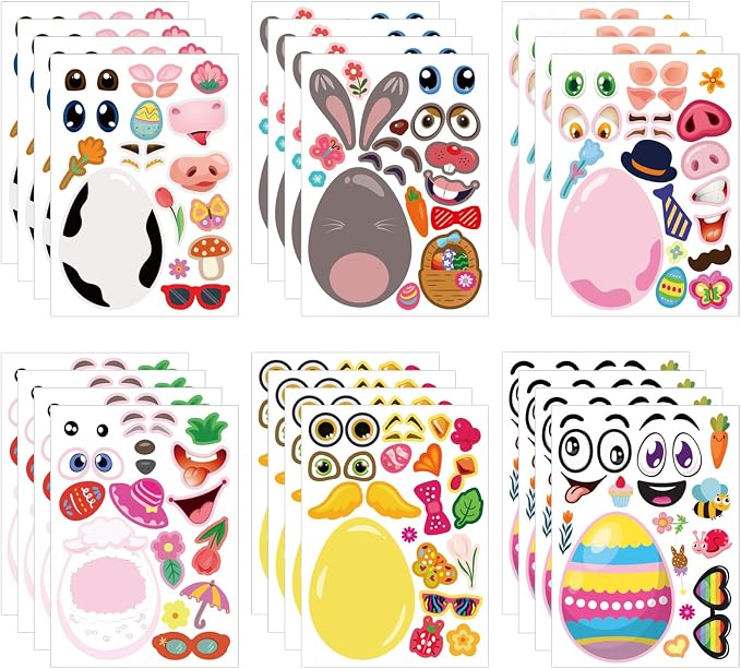 24 Sheets of Easter Stickers for Kids: 6 Unique Colorful Eggs Designs for