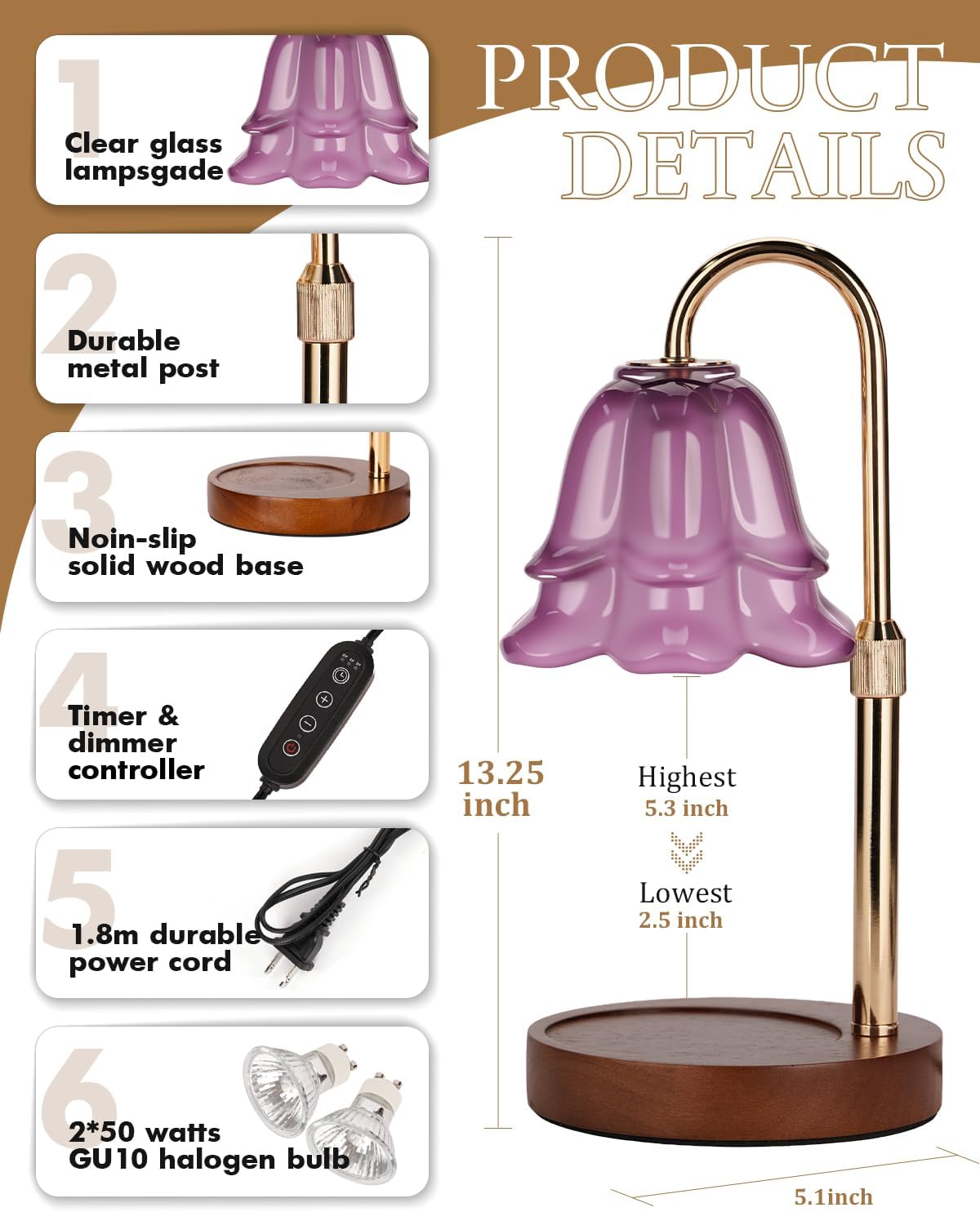 Purple Candle Warmer Lamp with Timer & Dimmer, Adjustable Height Birthday Gifts for Women Mom, Flower Candle Lamp Warmer, Wax Warmer with 2 Bulbs, House Warming New House Decorations