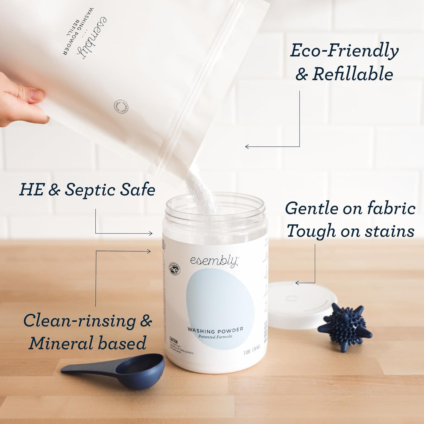 Esembly Laundry Washing Powder – HE Mineral Based Detergent for All Household Laundry and Cloth Diapers – Patented, Fragrance-Free, EWG Verified, Earth-Friendly, (3lb Refillable Canister and Scoop)