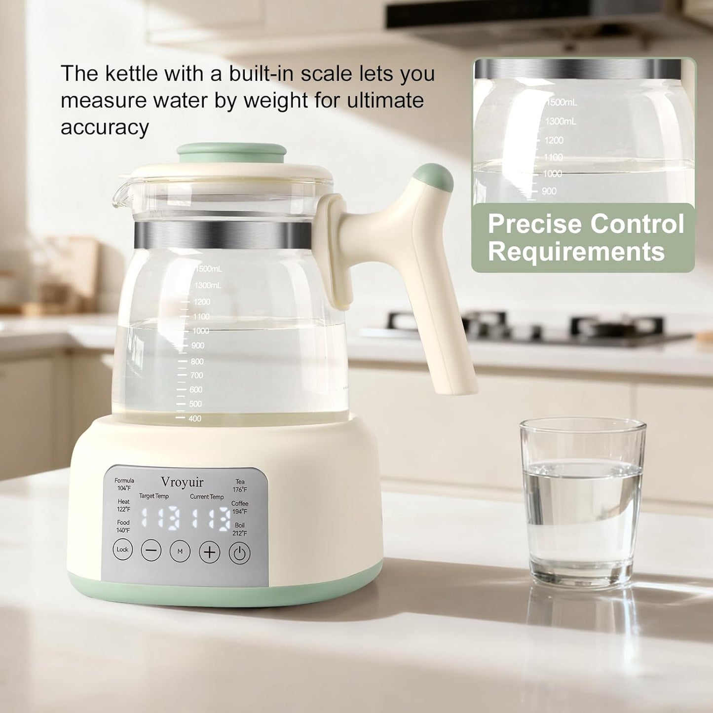 Instant Baby Water Warmer and Formula Dispenser, 1.5L Detachable Glass Tank with 6-Temp Settings, 72H Keep-Warm & Night Light, Universal for All Baby Bottles
