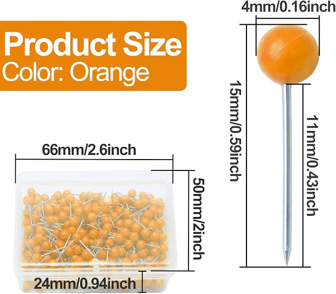 Orange Map Pins, 1/8 Inch, Round Ball Head | Map Tacks, Push Pins