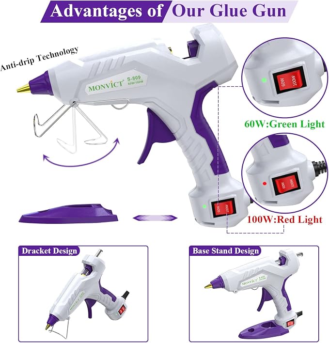 MONVICT Full Size Hot Glue Gun, Dual Temp 60/100W Base Stand | Heavy Duty Kit