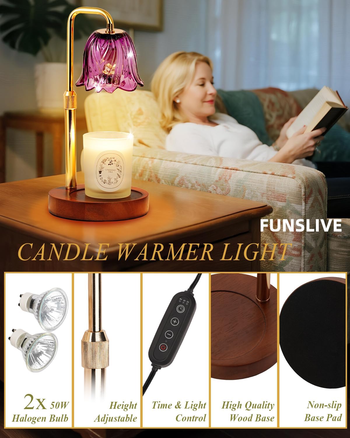 Flower Candle Warmer Lamp with Timer Dimmable, Candle Warming Lamp Height Adjustable, Christmas Gifts for Women Mom, Wax Melt Warmer for Jar Candles, House Warming Gifts New Home Decor