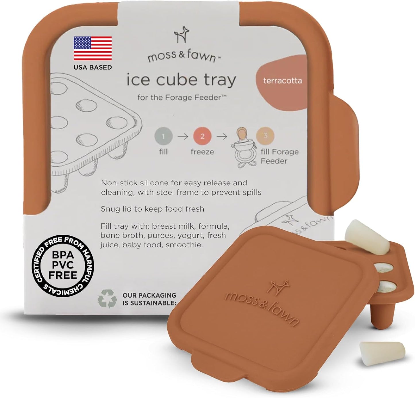 Moss and Fawn Ice Cube Tray - Forage Feeder Freezer & Teething Popsicle Mold for Breast Milk, Formula, Bone Broth, Purees, & Baby Food - BPA, Lead, & PVC-Free - Terracotta