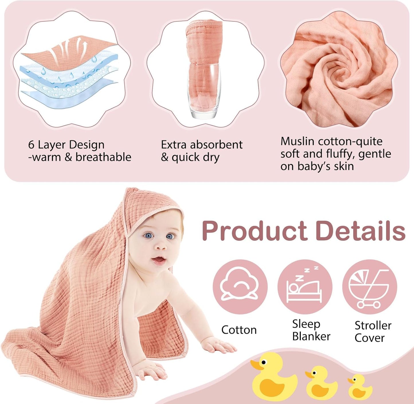 Peryiter 4 Pcs Muslin Hooded Baby Towels, 32"x 32" Cotton Newborn Bath Towel Muslin Infant Baby Blankets Absorbent Unisex Christmas Registry Gift Essentials for Girls Boys (Light Pink)