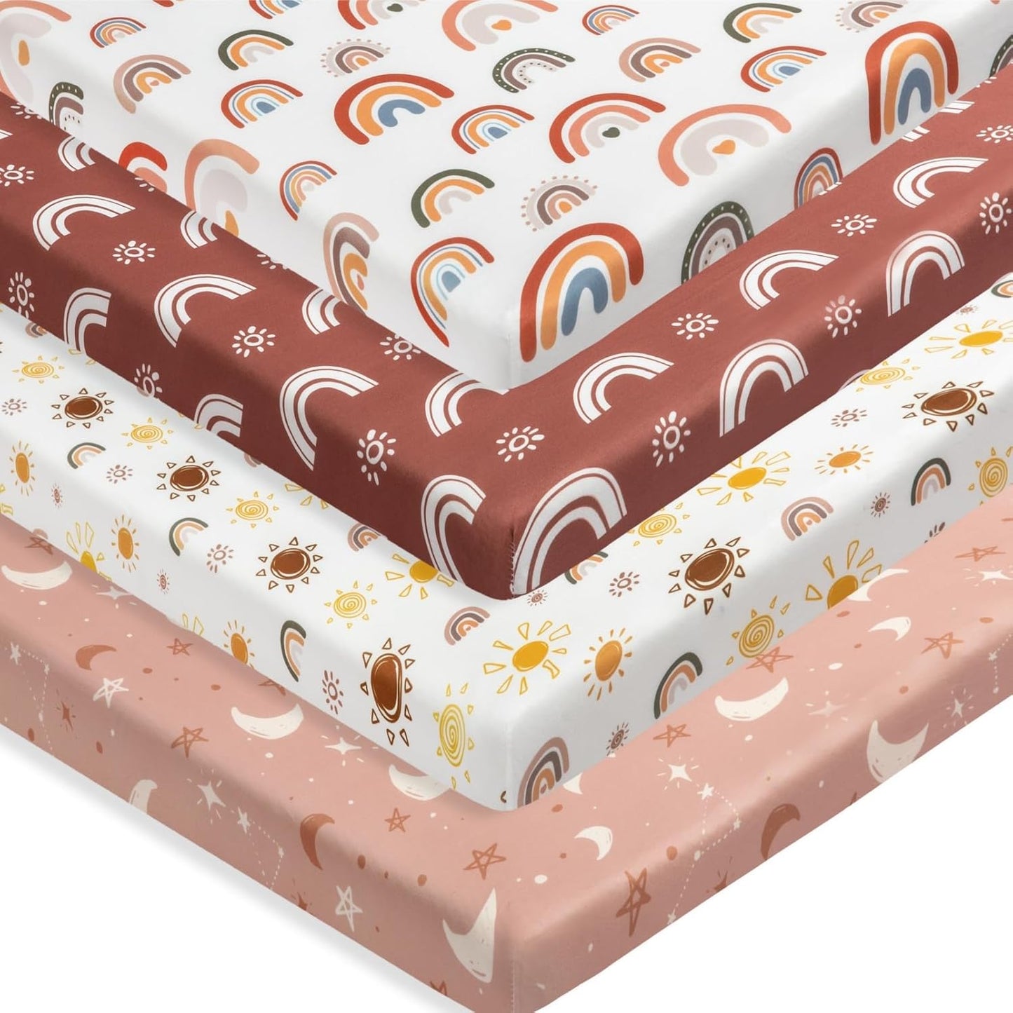 Jola's House 4 Pack N Play Sheets - Mini Crib Sheets Boho Nursery Sheets, Sunshine & Rainbow Design - Neutral Unisex Fitted Baby Crib Sheets for Baby Boys or Girls