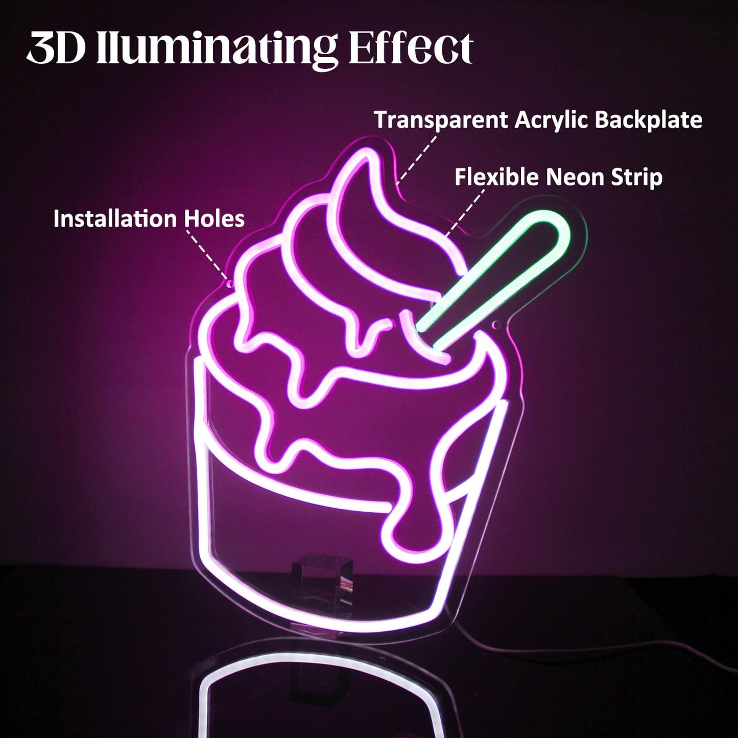 Ice Cream Neon Sign Pink White Sundae LED Neon Lights Signs Cupcake Neon Signs for Business Wall Decor Melting Ice Cream LED Signs for Bedroom Dessert Shop Restaurant Store Bar Decoration