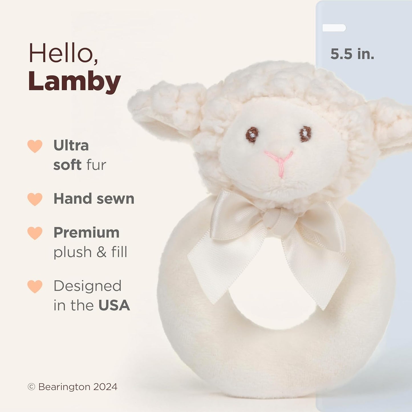 Bearington Baby Lamby, 5.5 Inch Cream Lamb Plush Stuffed Animal, Soft Baby Rattles and Plush Rings - Newborn Toys - Lamb Stuffed Animal