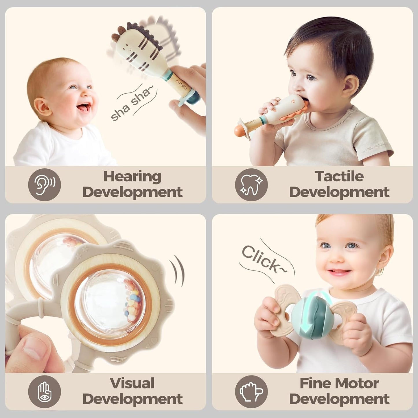 Evoceler Softness Staged Baby Teething Toys with Rattles for 0-6 Months (30° Super Soft, 50° Soft, 70° Regular) -10 Pcs Shaker Toys, Food-Grade Silicone Teethers for Babies 0-18+ Months, BPA Free