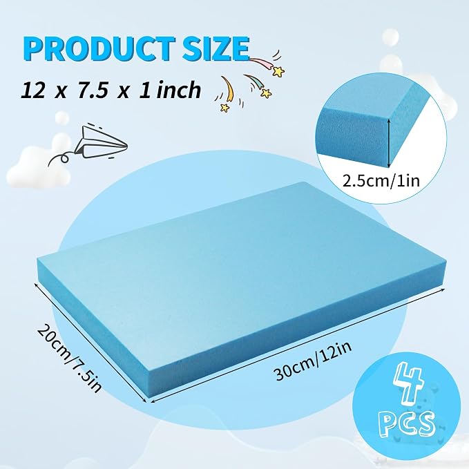 LuckyFoam Blue 4 Pack 12x7.5x1 inch Foam Sheets 1 Inch Thick | Polystyrene