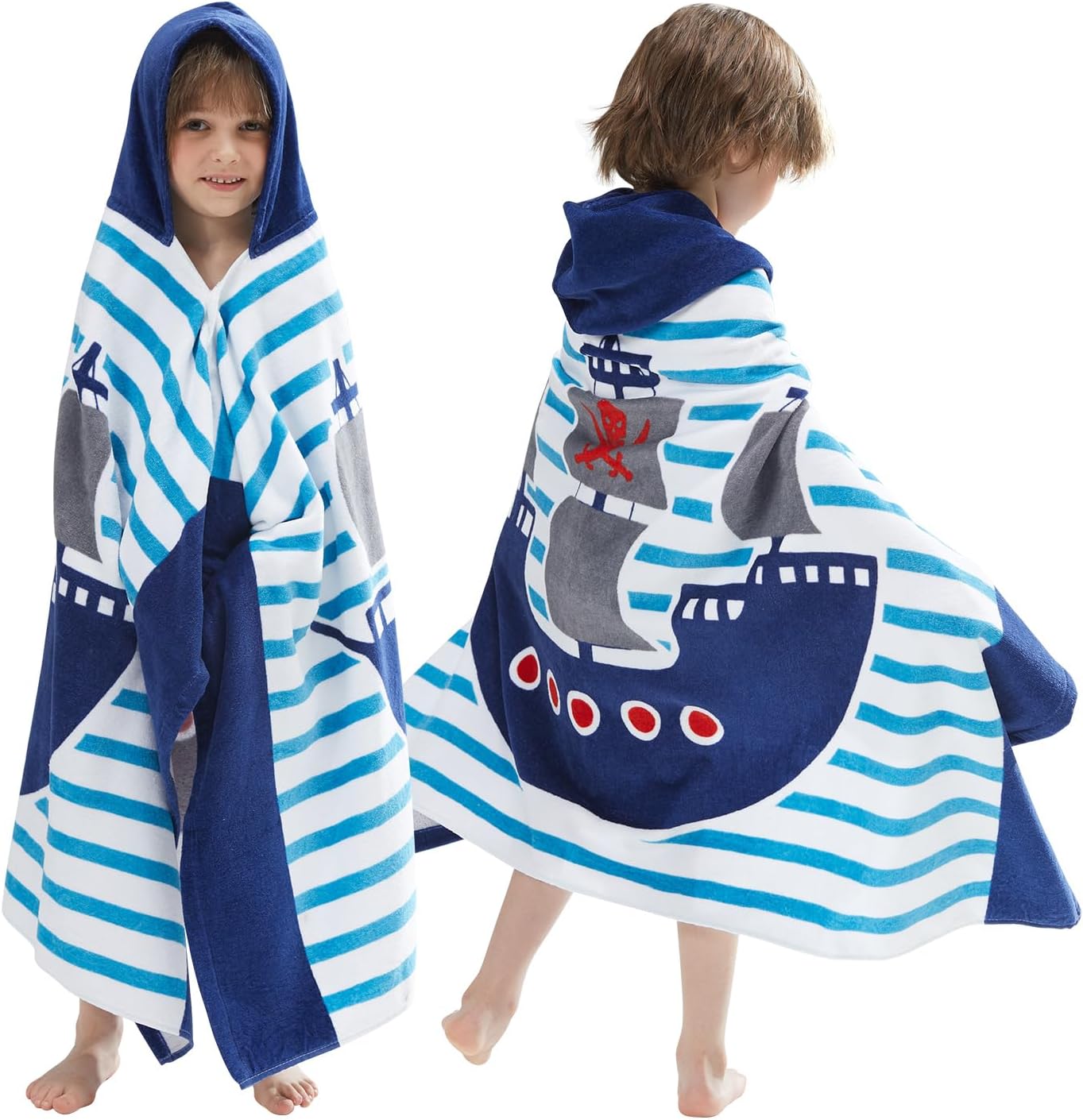 BANGSAUR Kids Hooded Beach Bath Towels, 100% Cotton 50"x30" Wrap Blanket, Toddlers Boys 3-12 Years Coverup Towel Pirate Ship