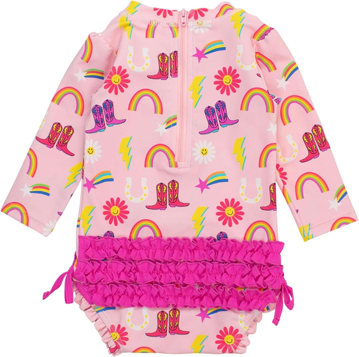 RuffleButts Baby Girls UPF 50+ Sun Protection Novelty Print Long Sleeve One Piece Rash Guard Swimsuit with Zipper