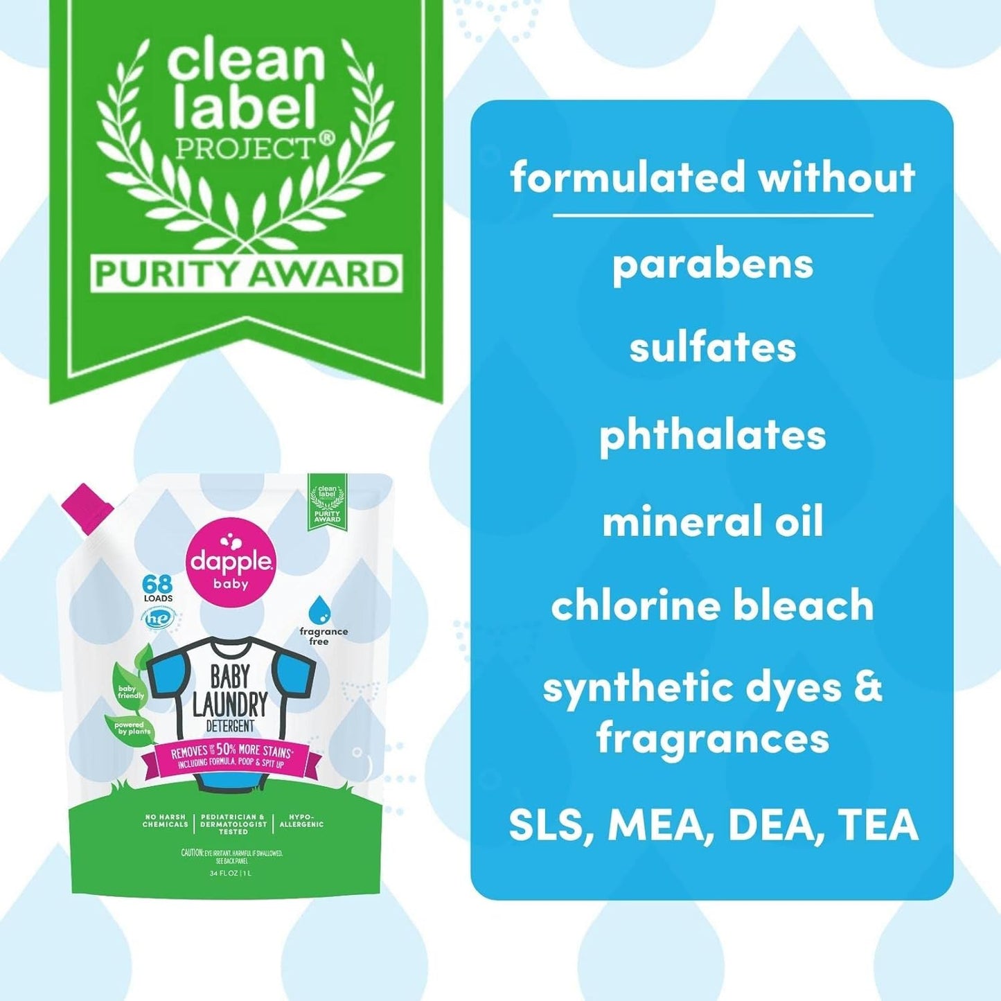 Dapple Baby Laundry Detergent, Powered by Plants, Concentrated, Hypoallergenic, Fragrance Free, Eco-Friendly Pouch, Stain Remover, 34 Fl Oz (3 Pack)