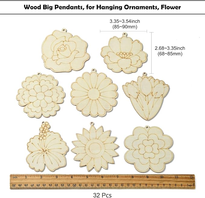 16 pcs Mixed Styles Cute Flower Theme Undyed Wood Cutout Charms Spring