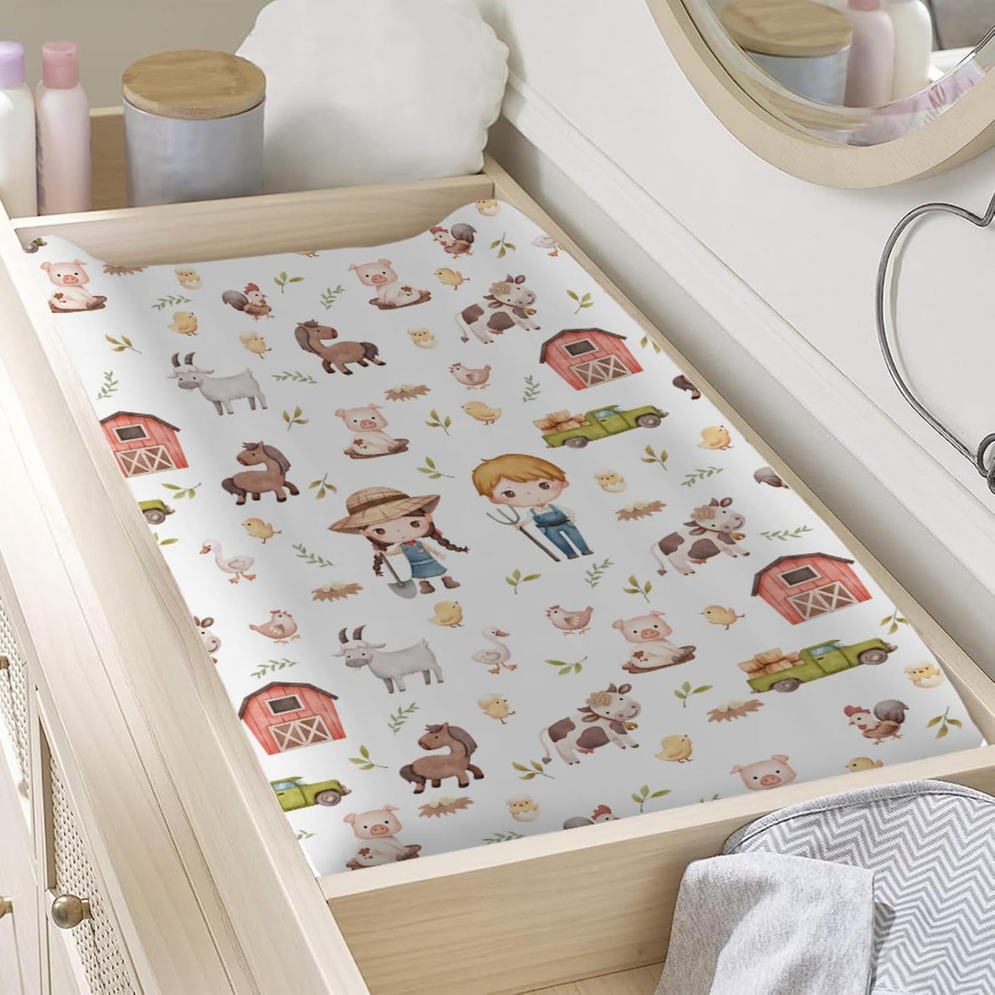 Baby Farm Life Changing Pad Covers for Boy Girl 32''x16'' Farm Animals Pig Goat Horse Cow Chick Rooster Duck Leaves Barn Truck Unisex Fitted Diaper Changing Pad Mats Soft Cradle & Bassinet Sheets