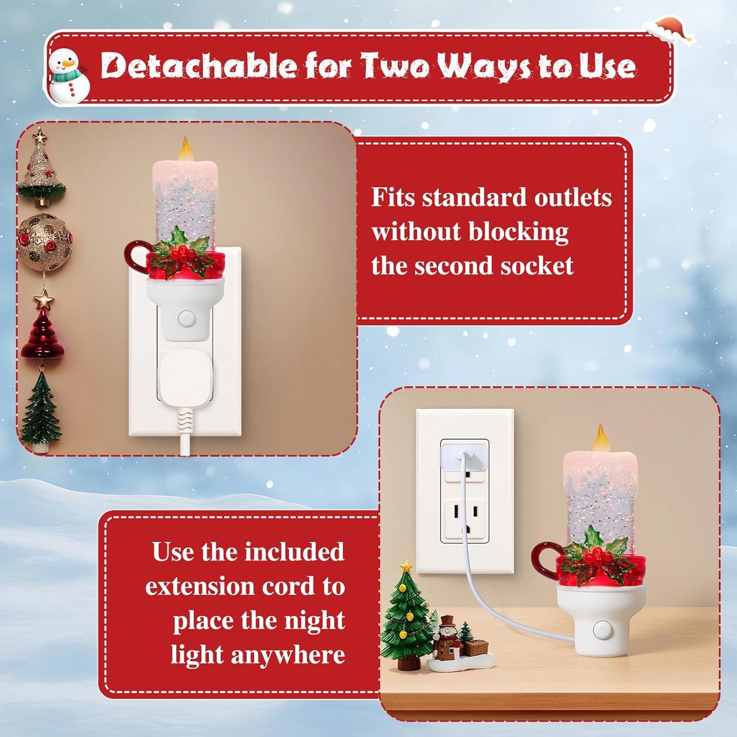 2 Pack Christmas Candle Night Light Plug into Wall Glitter Water Nightlight with USB/Outlet Options, Christmas Decorative Nightlight for Bedroom Kitchen Nursery Holiday Decorations Gifts (Candle)