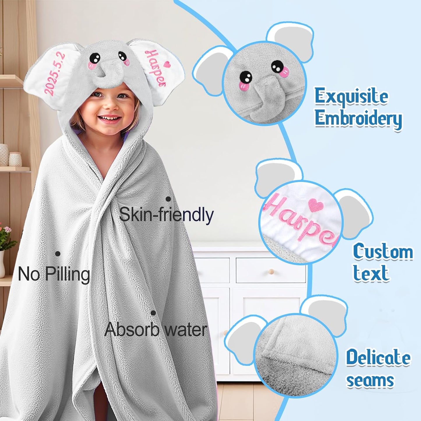Custom Hooded Bath Towel with Name, Personalized Highly Absorbent Elephant Towels, Baby Bath Towels for Girls Boys, Christmas Brithday for Baby, Toddler, Newborn (Grey)