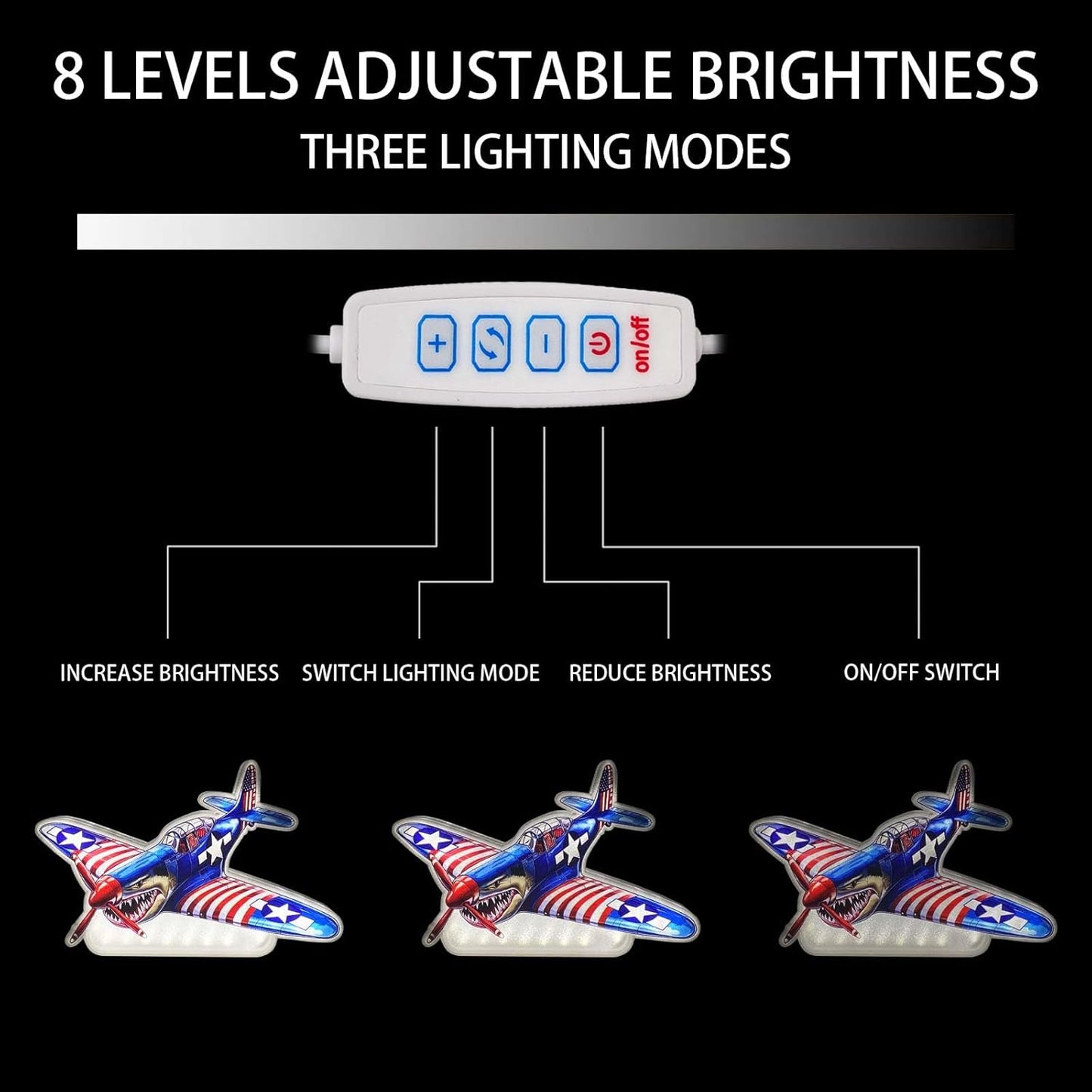 American Shark Fighter Warplane Night Light Up Box for Boy Kids Teens Gifts USB Powered Lamp Lightbox Bedroom Room Wall Hanging Art Table Desk Decorations Decor Sign