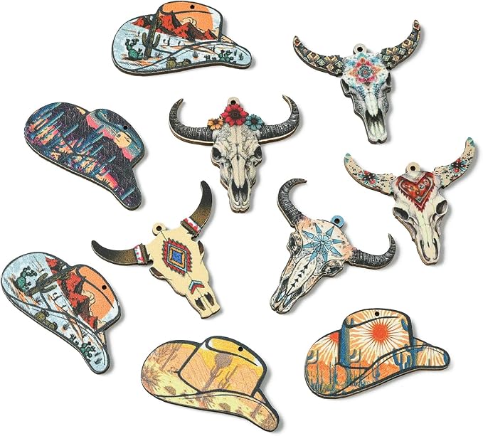 18 pcs 9 Styles Western Cattle Theme Wood Cutout Charms Cow Cap Hat Animal Wood
