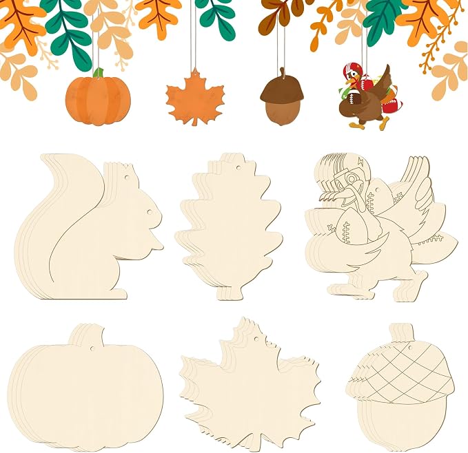 24 PCS Unfinished Wooden Thanksgiving Crafts, Pumpkin Turkey Shaped Hanging