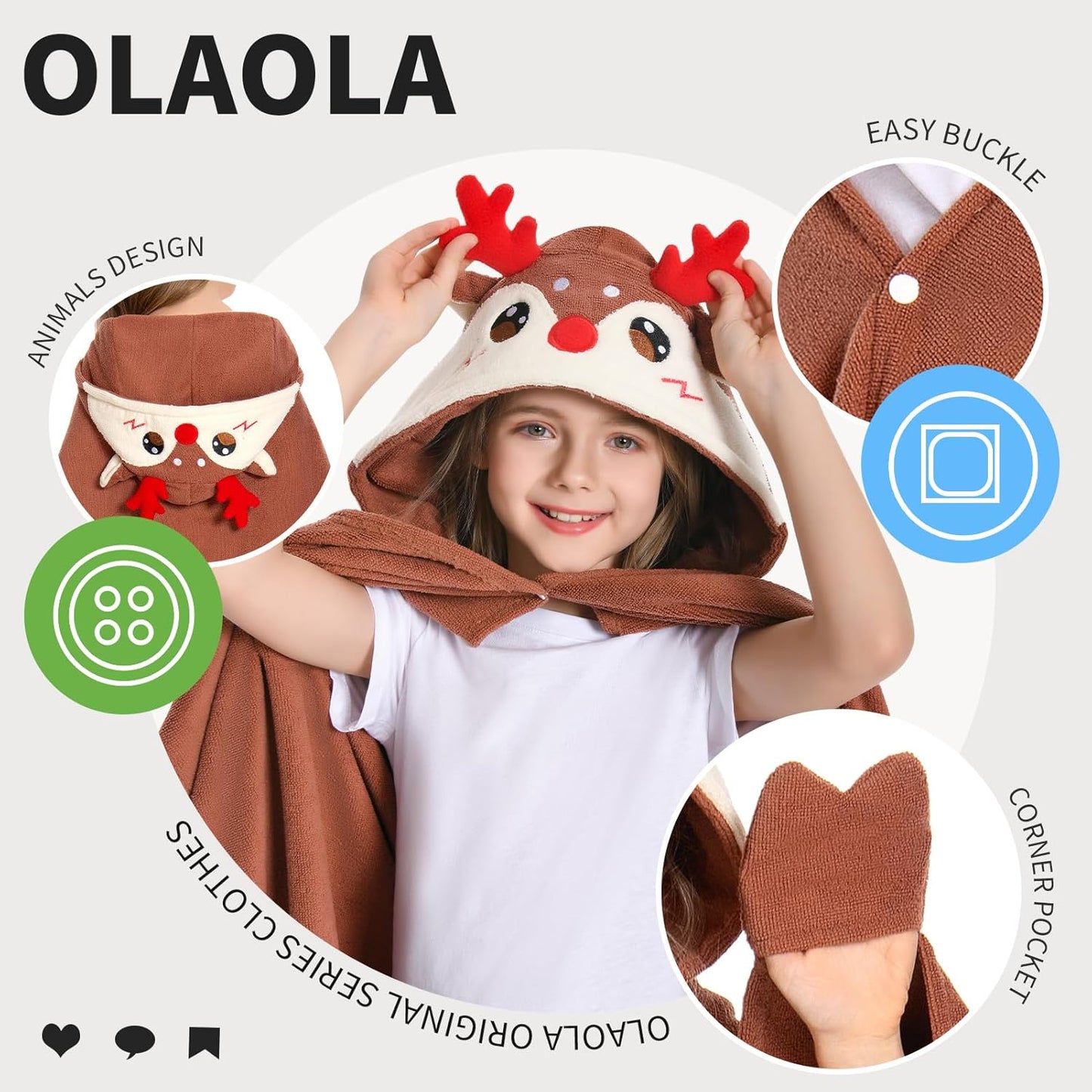 OLAOLA Reindeer Hooded Towel for Kids 3-12 Years, 28" x 53" Soft Thick Absorbent Beach Towels, Toddler Bath Towel Wrap Swim Pool Towels Poncho for Boys Girls