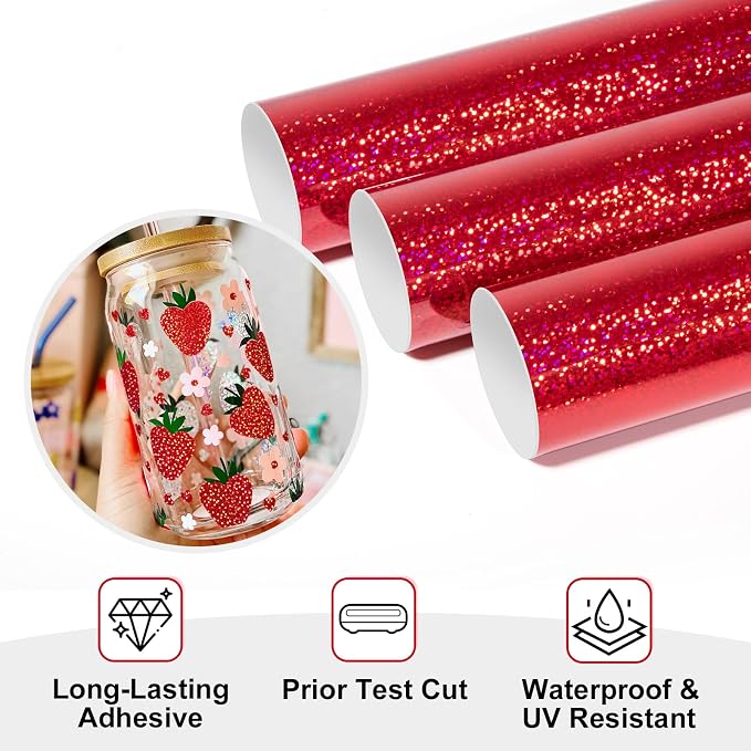 TECKWRAP Sparkle Red Holographic Chrome Vinyl Permanent Adhesive Vinyl 1ft x 5ft