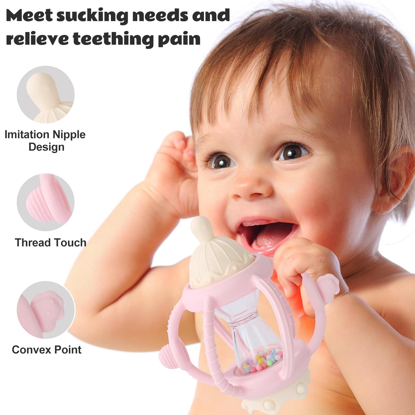 Socub Baby Rattle Teether Toys for 0-12 Months, 2-in-1 Sensory Hand Grasp Shaker with Soft Silicone Teething Ball & Pacifier, BPA Free Chew Toy for 6-12 Months, Newborn Gift for Boys and Girls (Pink)