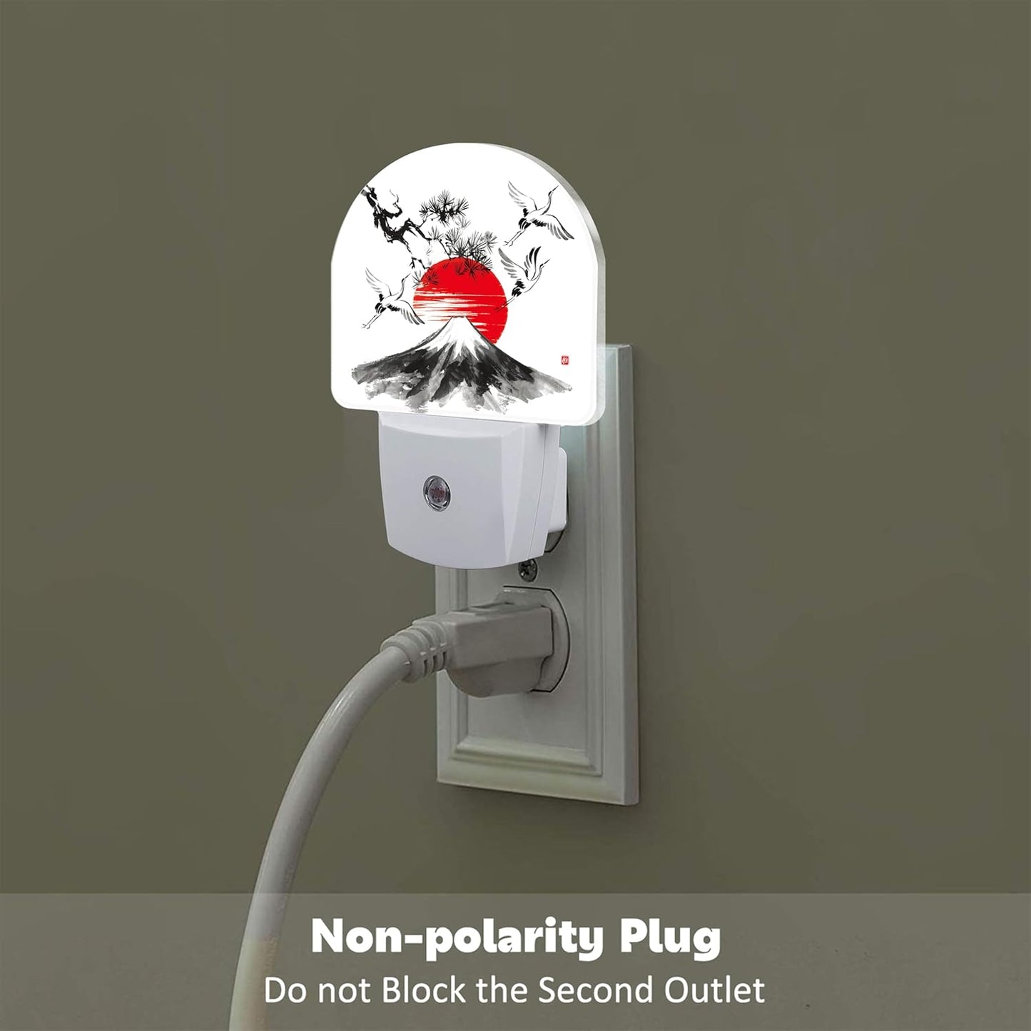 Red Sun Fuji Mountain and Storks Night Light Plug into Wall, Ink Landscape Painting Dusk to Dawn Night Light Plug in,0.5w Energy Saving Sleep Friendly NightLight for Kids Boys Girls Home Decor
