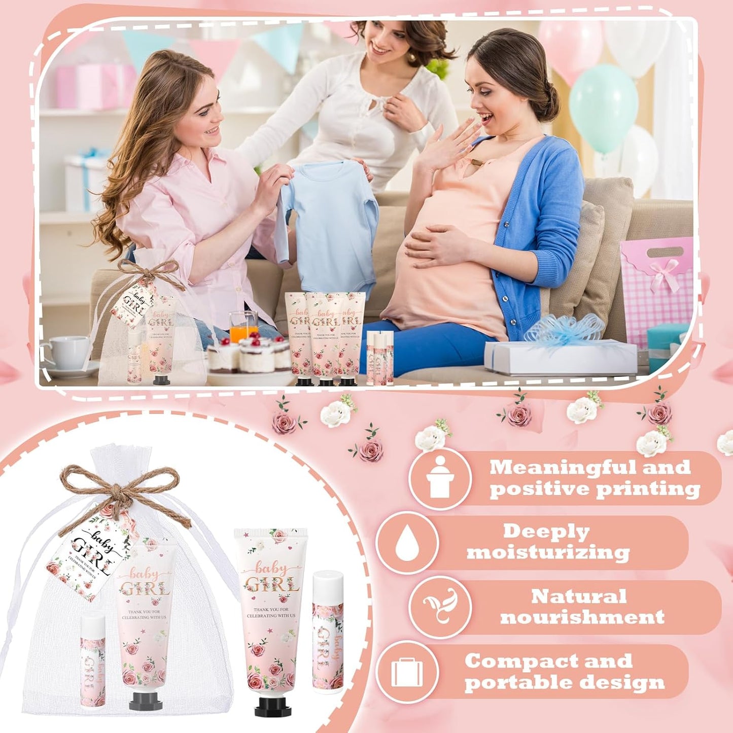 24sets/96pcs Baby Shower Gifts for Guests Hand Cream and Lip Balm Gifts Baby Shower Party Favors Travel Size Hand Lotion and Lip Balm Thank You Gift for Guests with Organza Bag and Tag Wedding Party